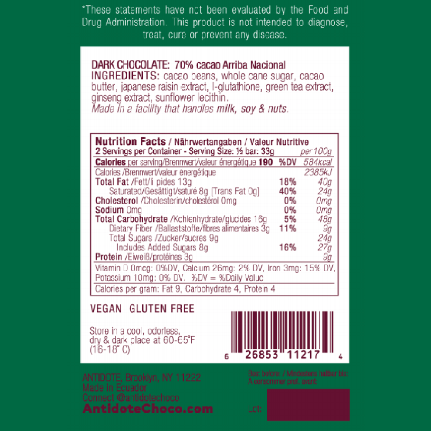 1 Case 70% Cacao Liver Precovery Dark Chocolate - 12 Bars | NEW!